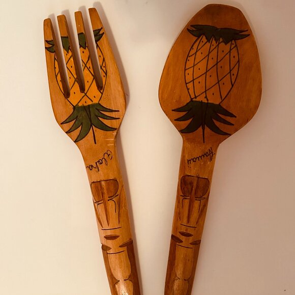 Vintage Aloha Hawaiian Tiki Wooden Fork and Spoon - Picture 1 of 5